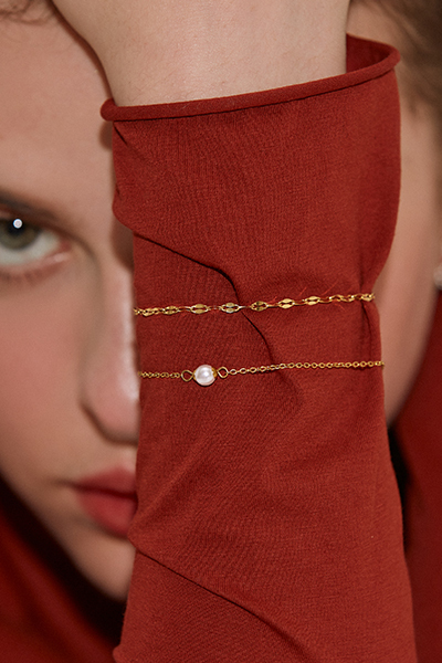 光澤扭轉單珍珠雙層手鍊(金)