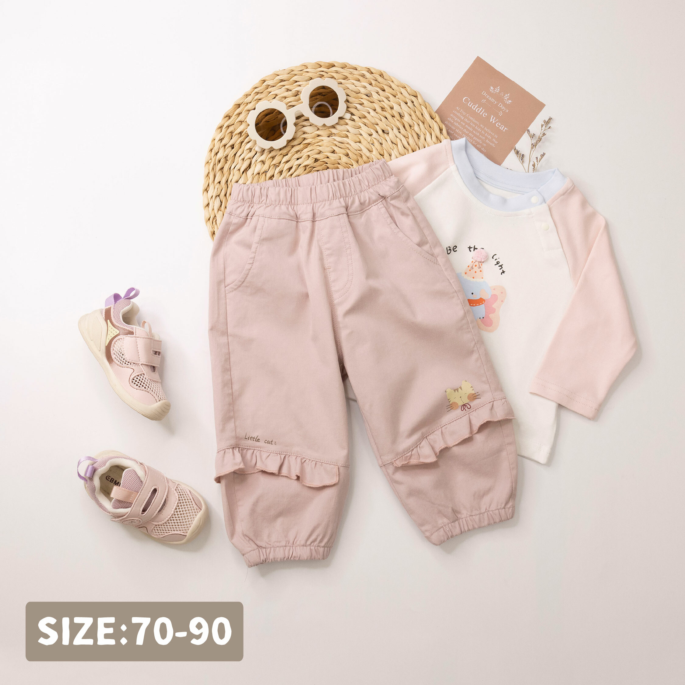 【H55015】臉紅紅小貓咪造型荷葉縮口褲