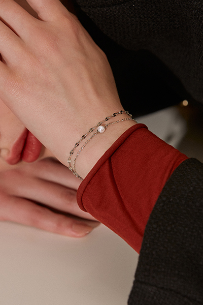 光澤扭轉單珍珠雙層手鍊(銀)