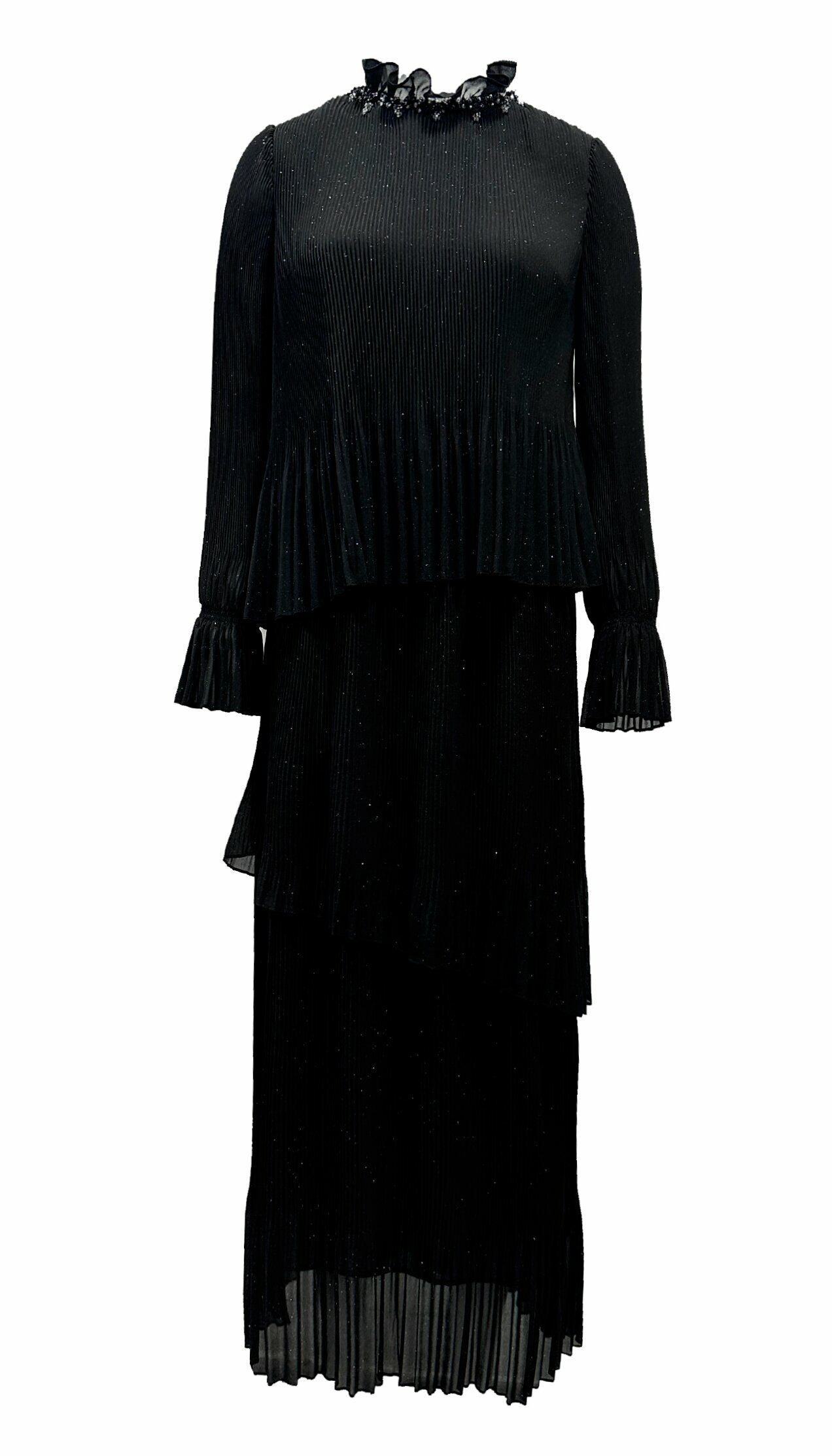 BD15111E1 黑緞名伶多層次壓褶長洋裝