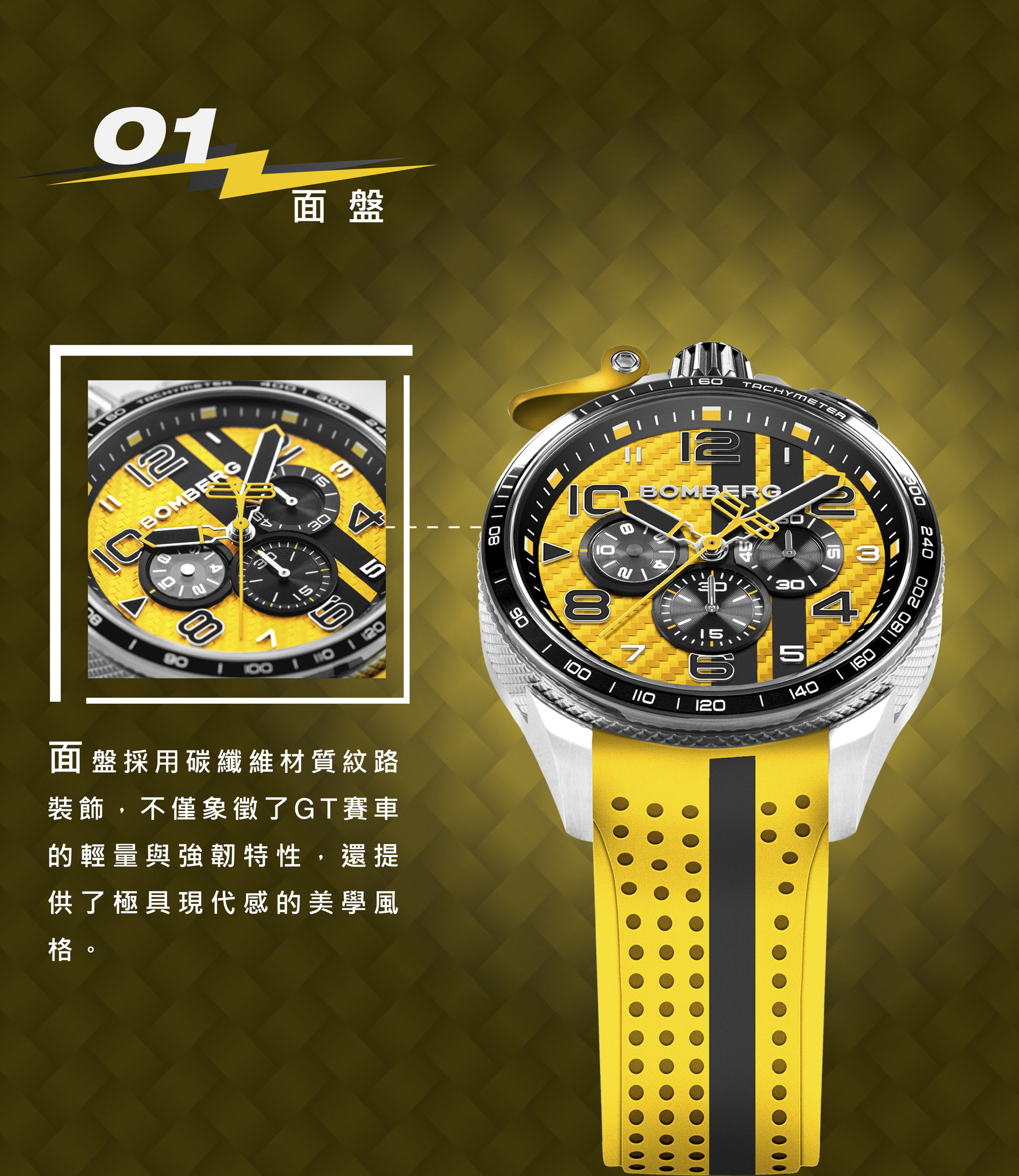 BOMBERG BOLT-68 Racing系列 閃電黃賽車計時碼錶