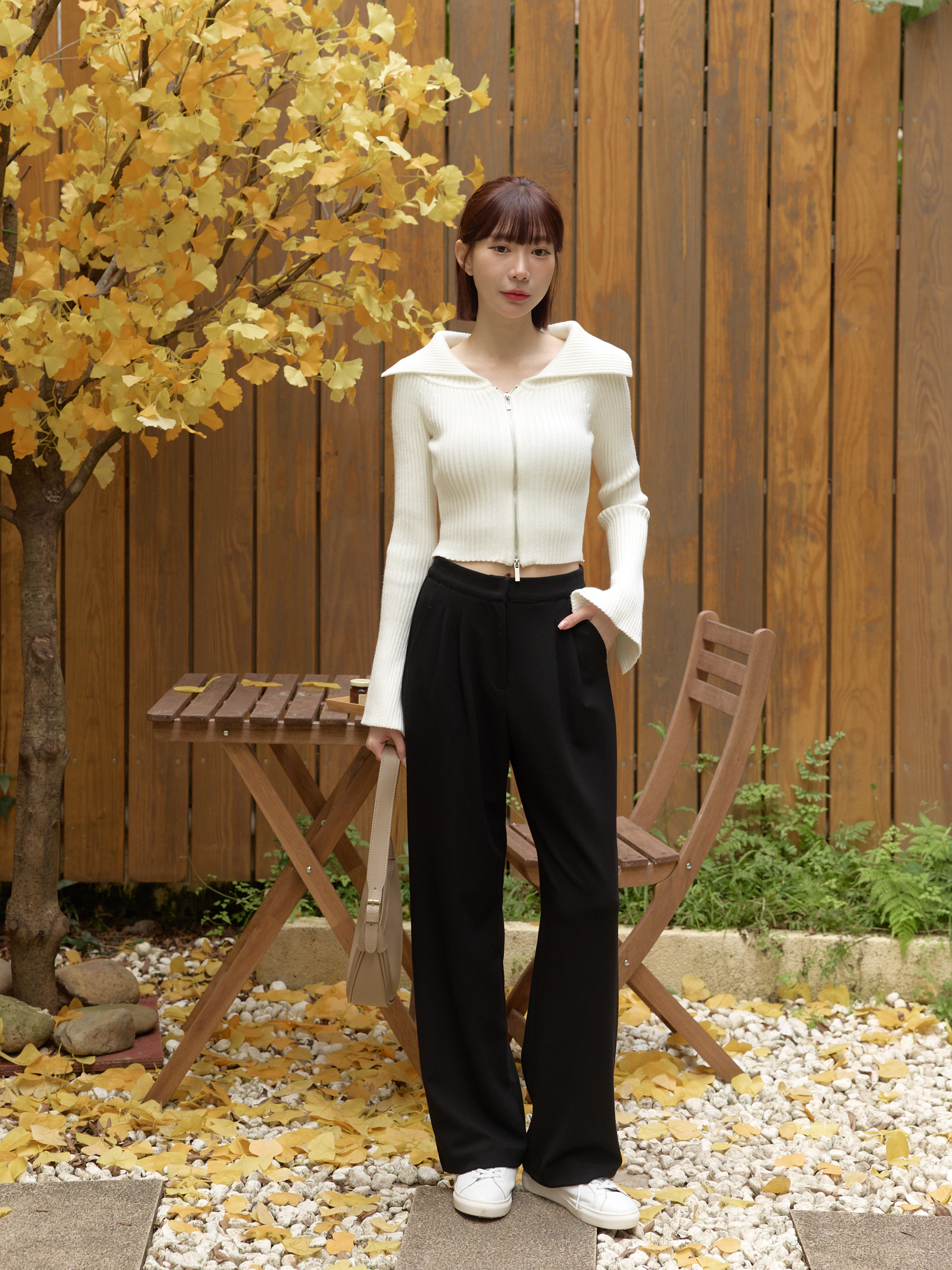 雙拉鍊翻領開衩袖針織