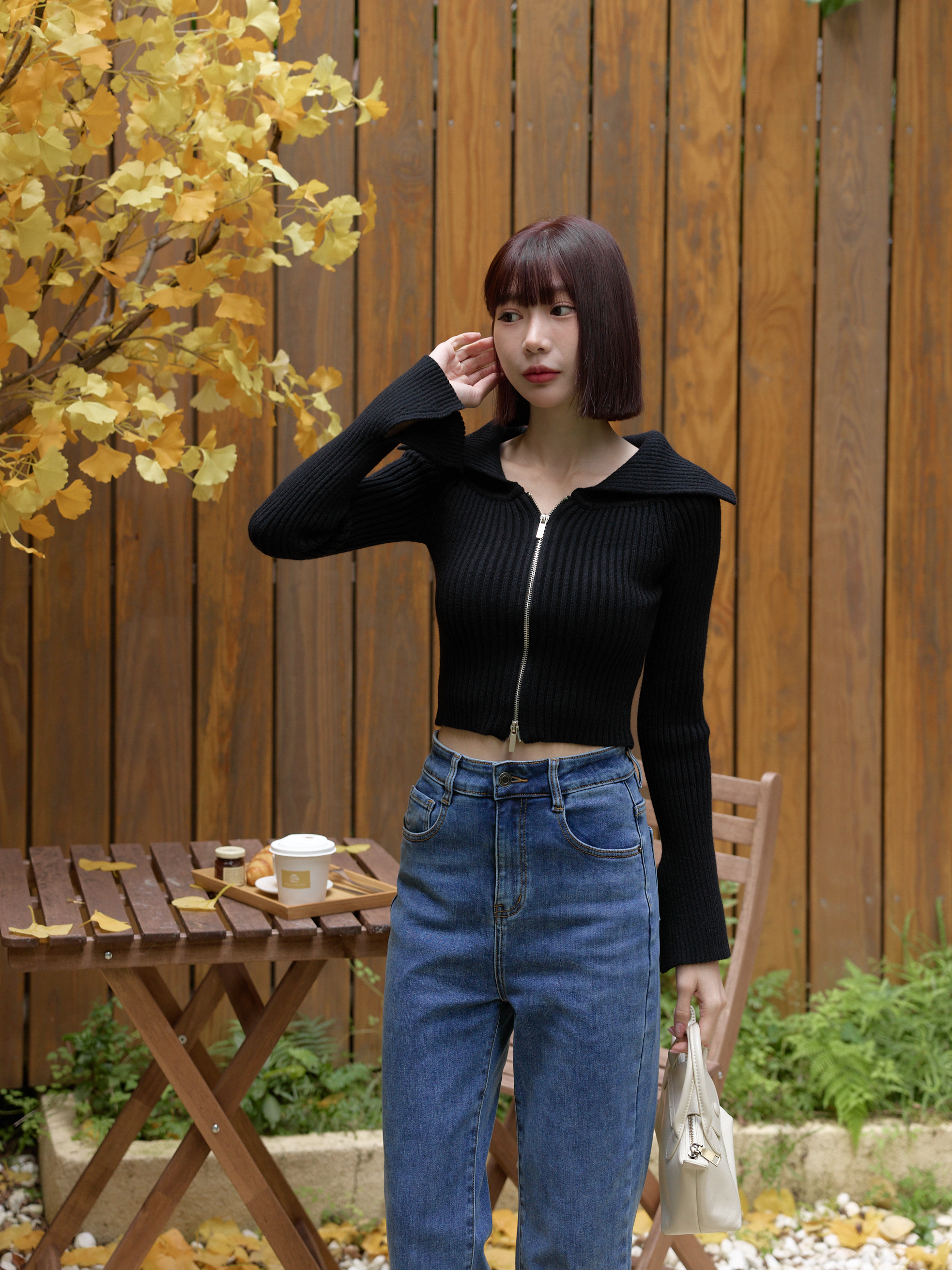 雙拉鍊翻領開衩袖針織