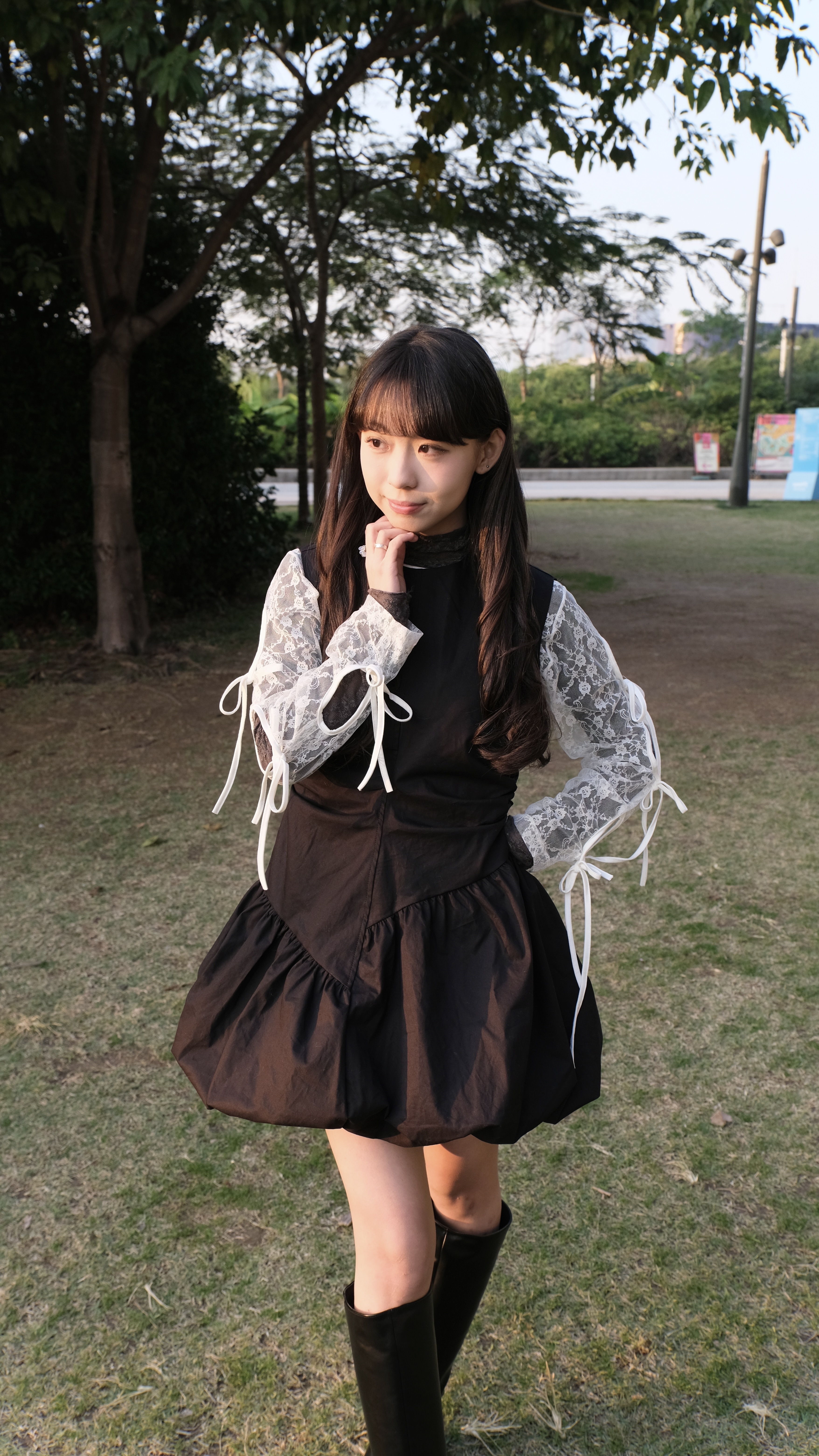 [兩色入] 修腰皺摺泡泡連身裙( Black )