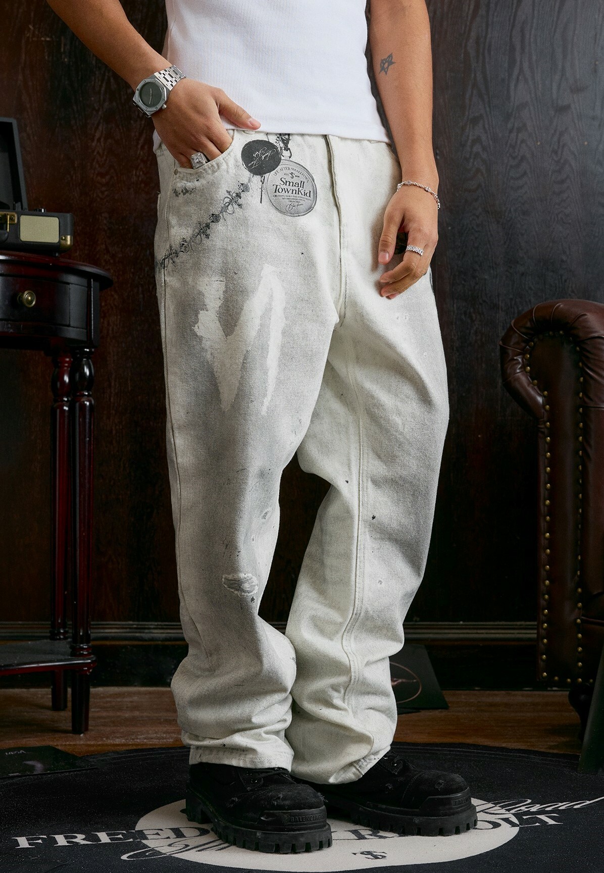 STK SmallTownKid 3D打印 徽章印花 做舊水洗 牛仔褲