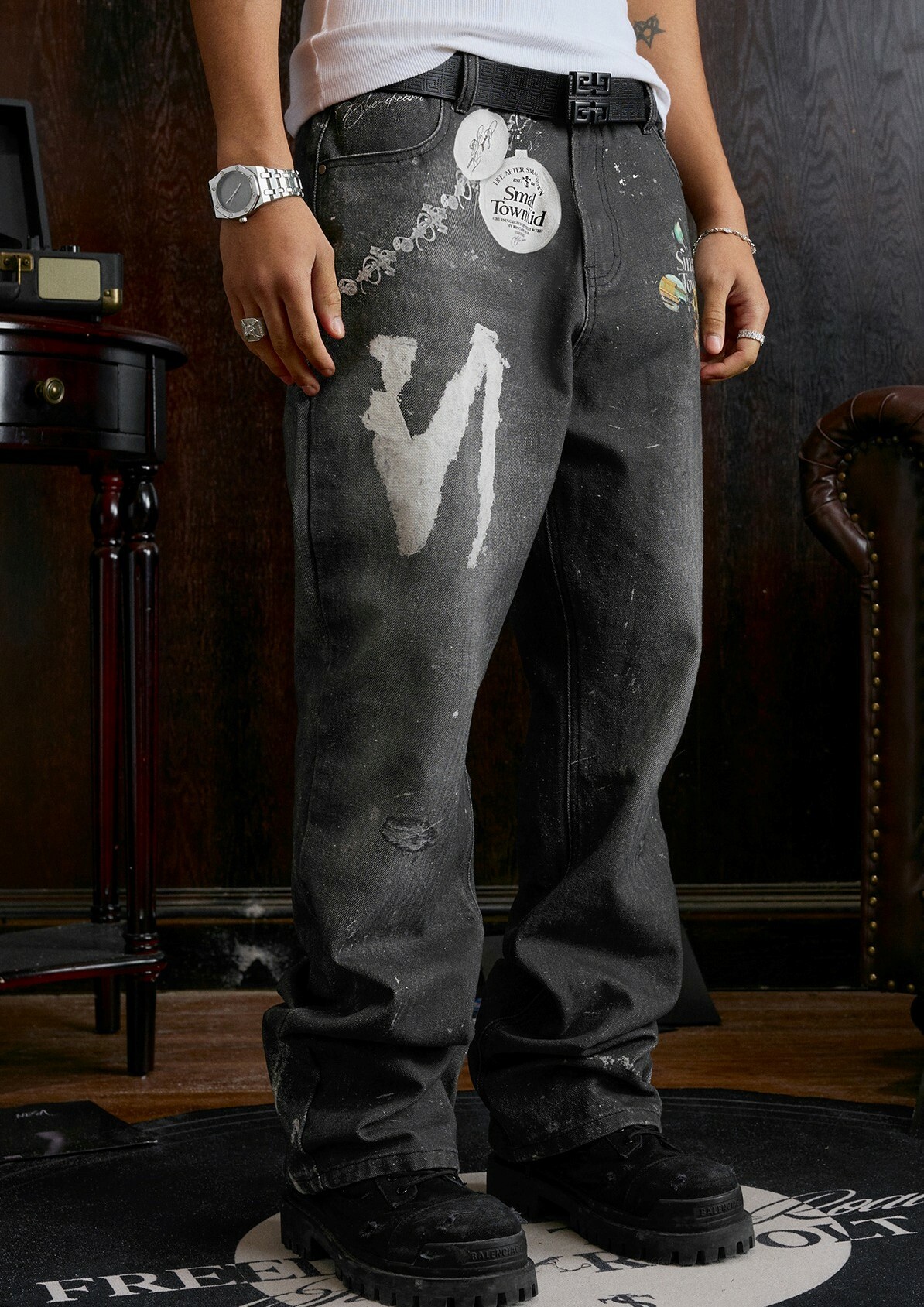 STK SmallTownKid 3D打印 徽章印花 做舊水洗 牛仔褲