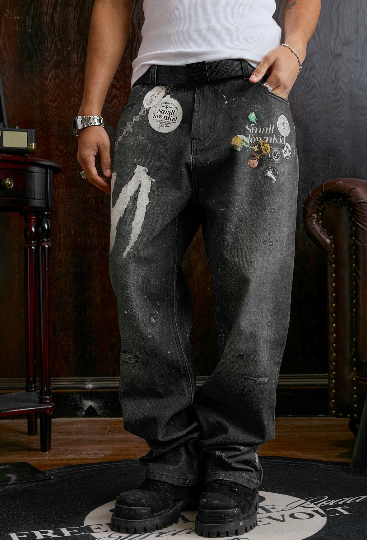 STK SmallTownKid 3D打印 徽章印花 做舊水洗 牛仔褲