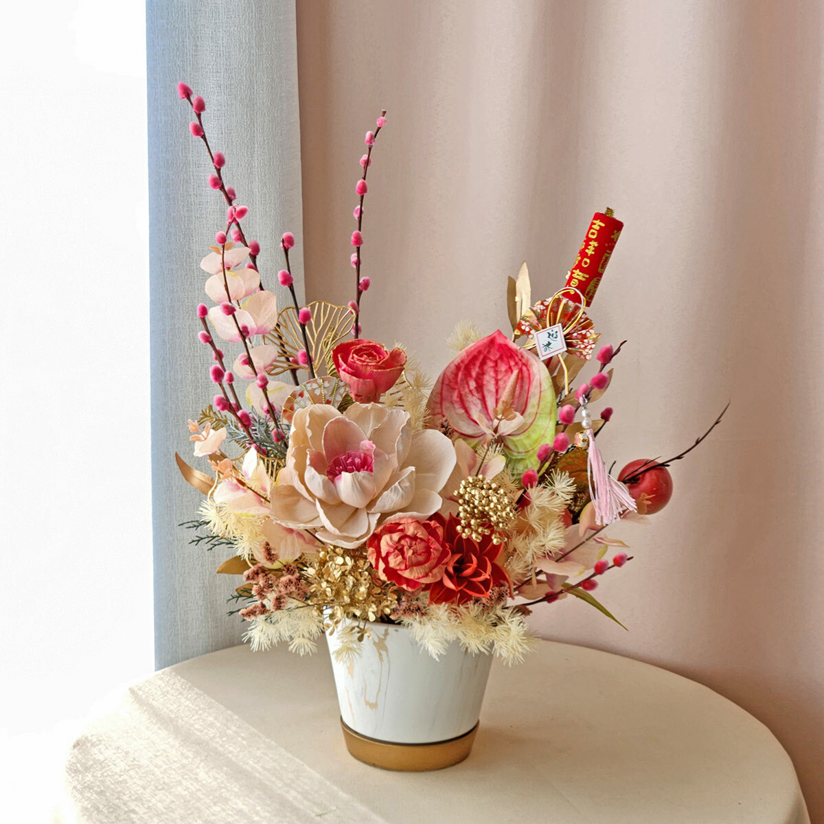 T68｜喜至福來新年盆花｜乾燥花/高擬真花/永生葉材(新年裝飾物款式隨機)