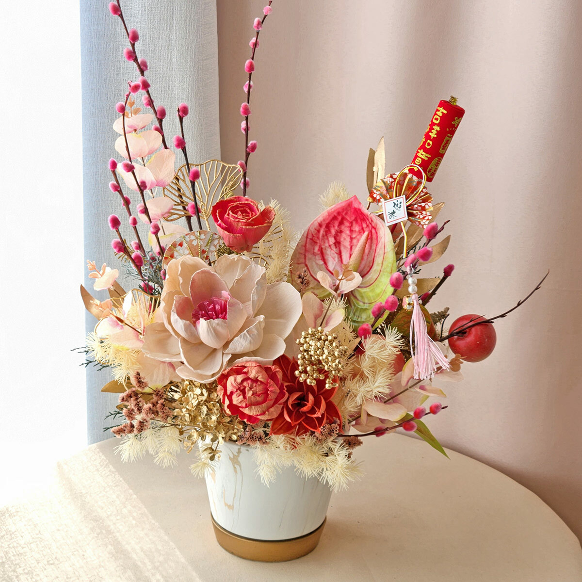T68｜喜至福來新年盆花｜乾燥花/高擬真花/永生葉材(新年裝飾物款式隨機)
