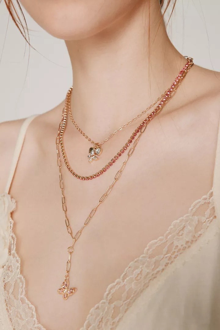 Butterfly美國金錬粉鑽三層蝴蝶墜飾項鍊