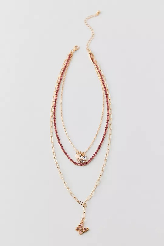 Butterfly美國金錬粉鑽三層蝴蝶墜飾項鍊