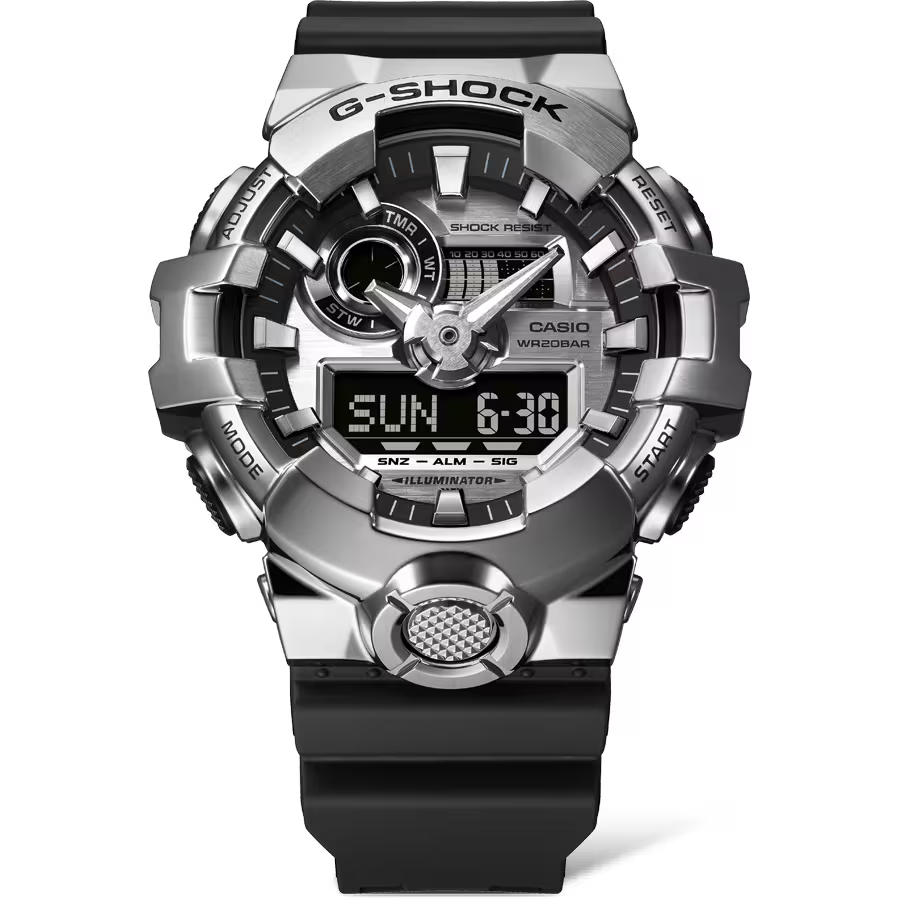 萬年鐘錶 - G-SHOCK   金屬系列 銀色錶框防震雙顯電子錶  GM-700-1A 錶徑 : 53.4 MM