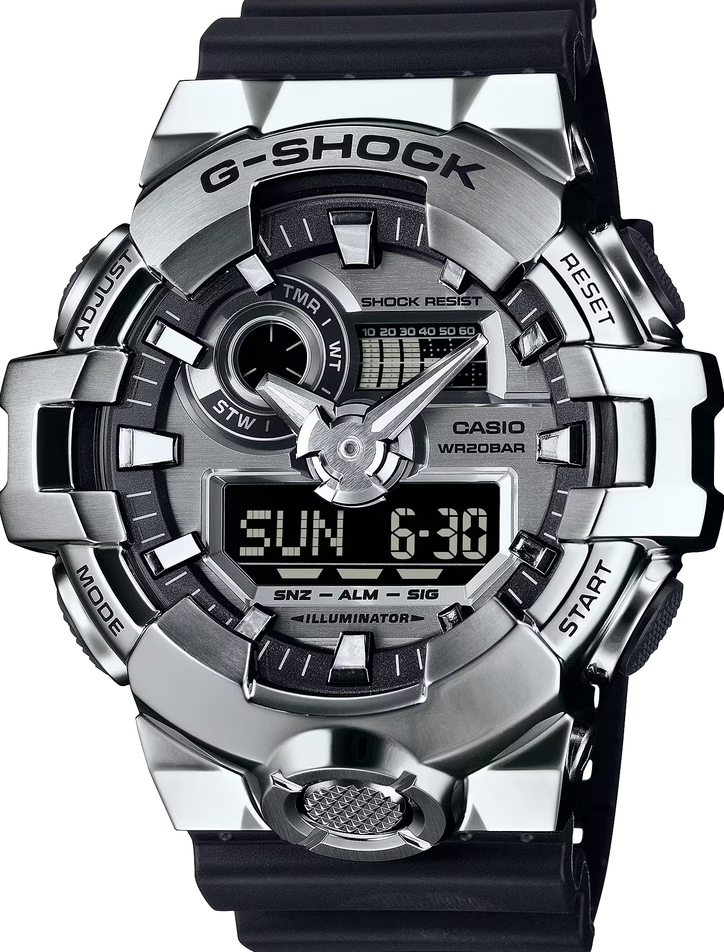 萬年鐘錶 - G-SHOCK   金屬系列 銀色錶框防震雙顯電子錶  GM-700-1A 錶徑 : 53.4 MM