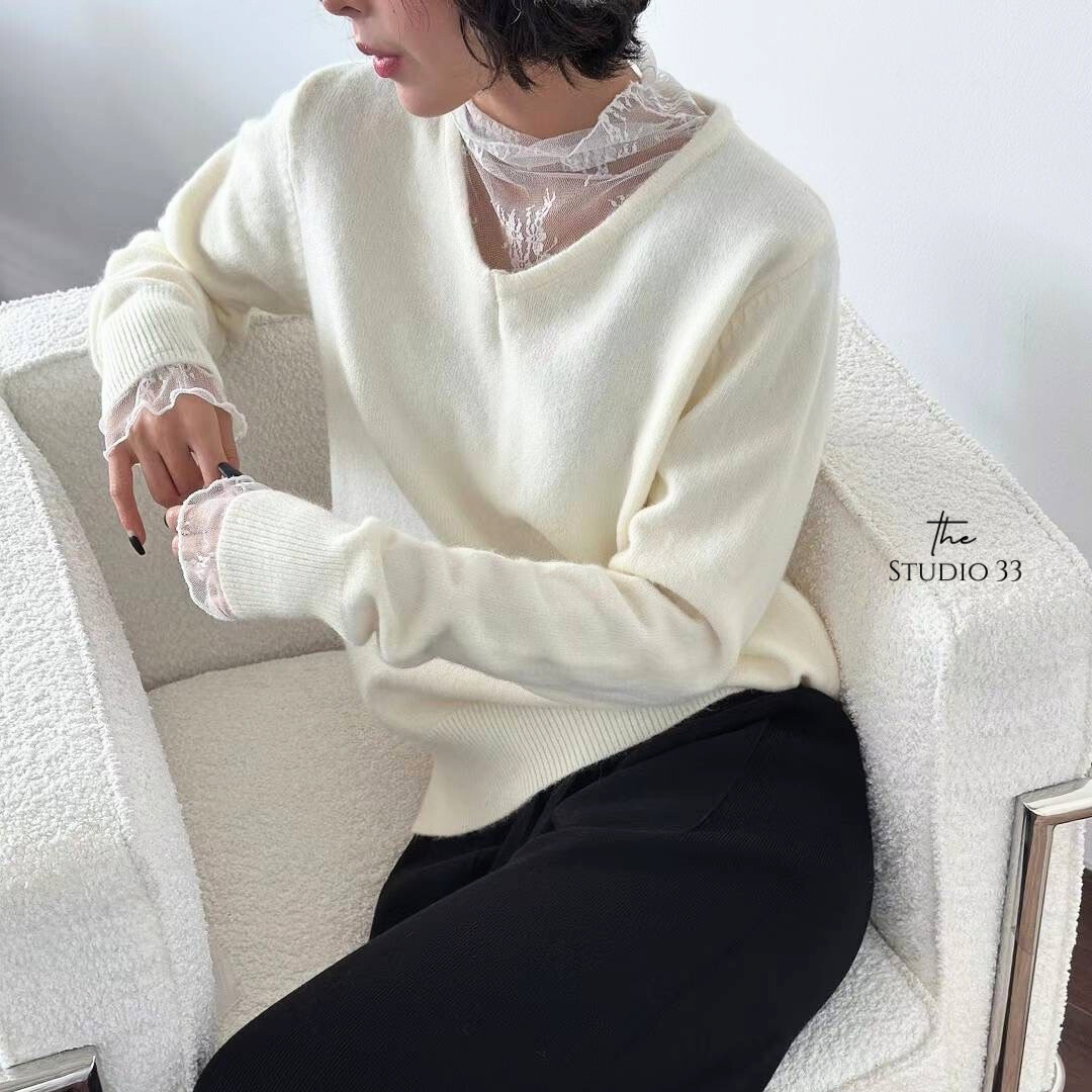 法式蕾絲拼接毛衣