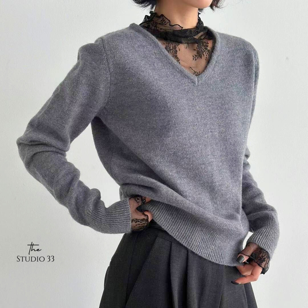 法式蕾絲拼接毛衣