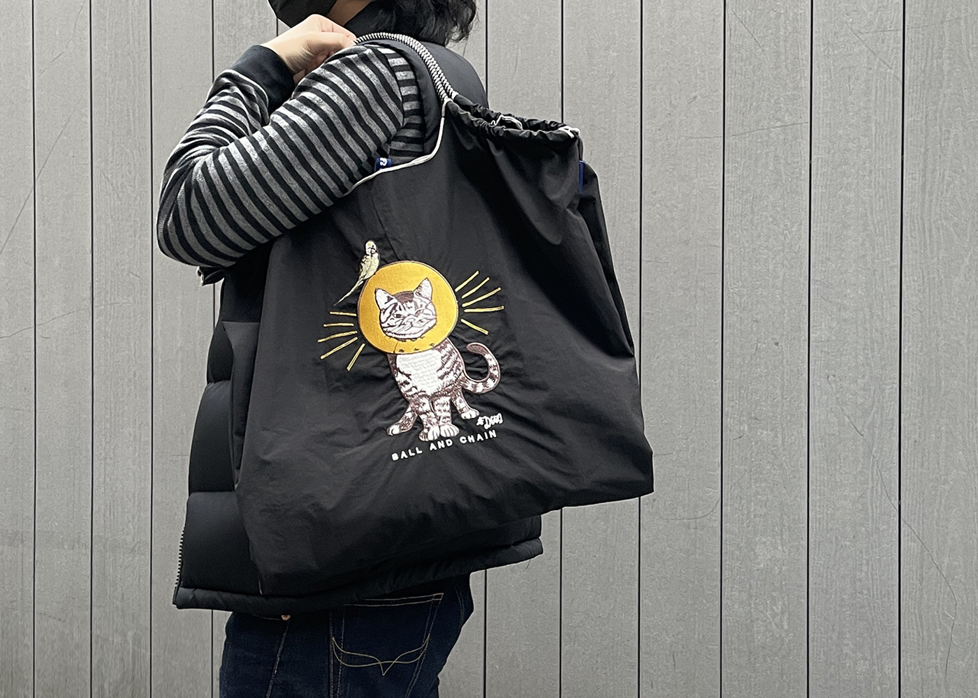 Ball＆Chain 刺繡環保購物袋 L號 - 黑 (31310101)