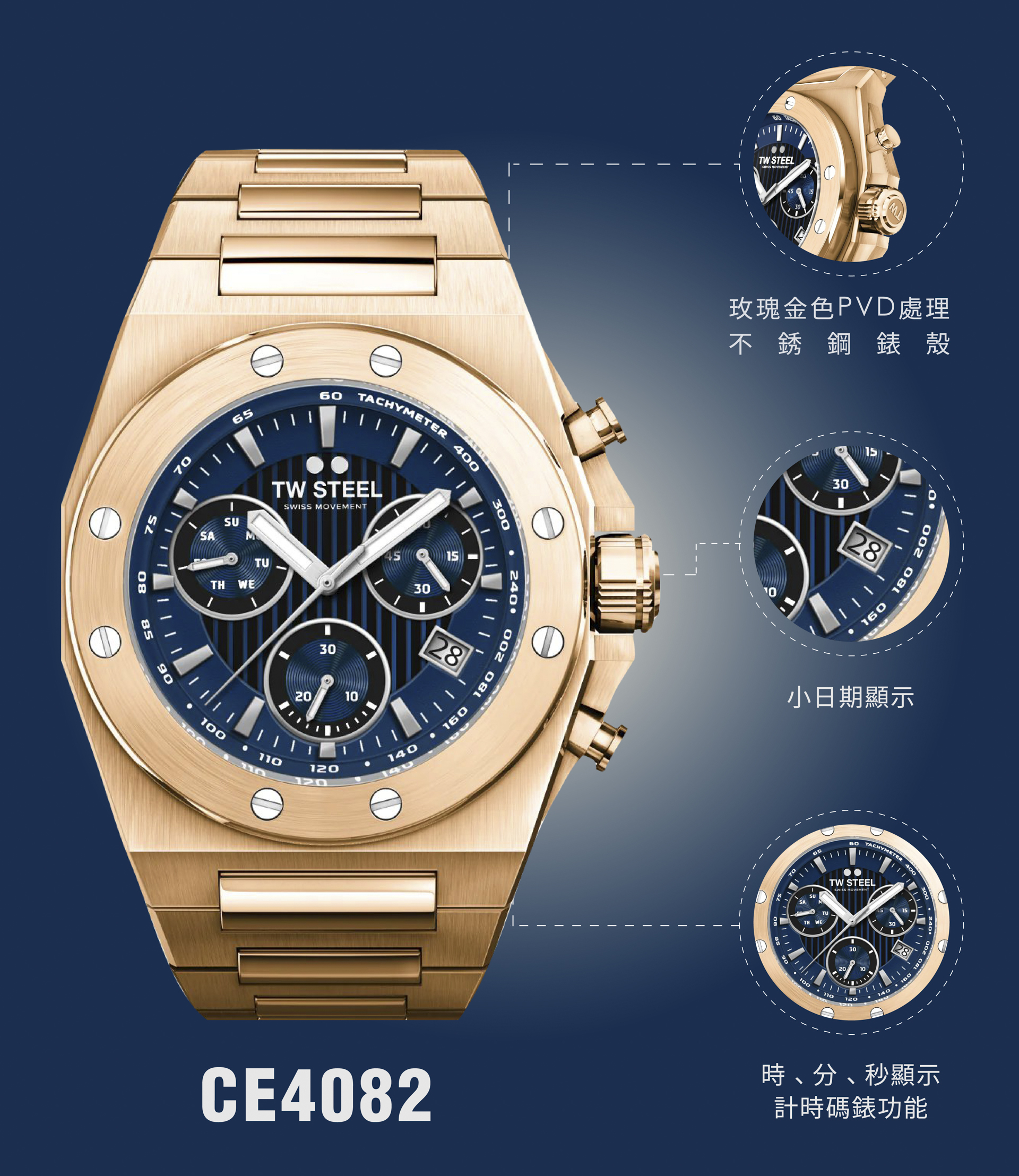 TW Steel CEO TECH 玫瑰金鏈帶藍面計時碼錶 CE4082