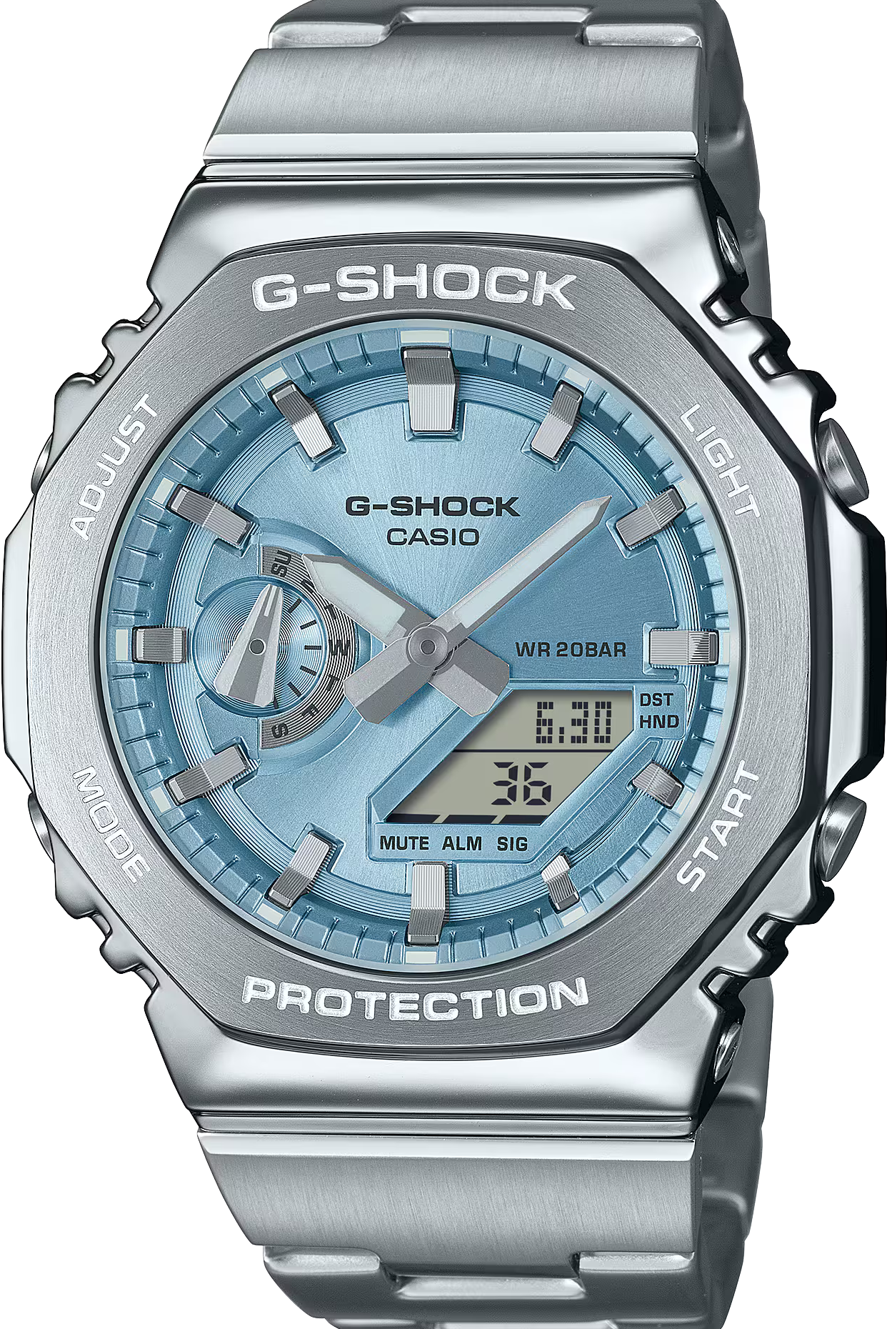 萬年鐘錶 - G-SHOCK  不鏽鋼系列冰藍八角錶殼系列電子錶  GM-2110D-2A  錶徑 : 44.4 mm
