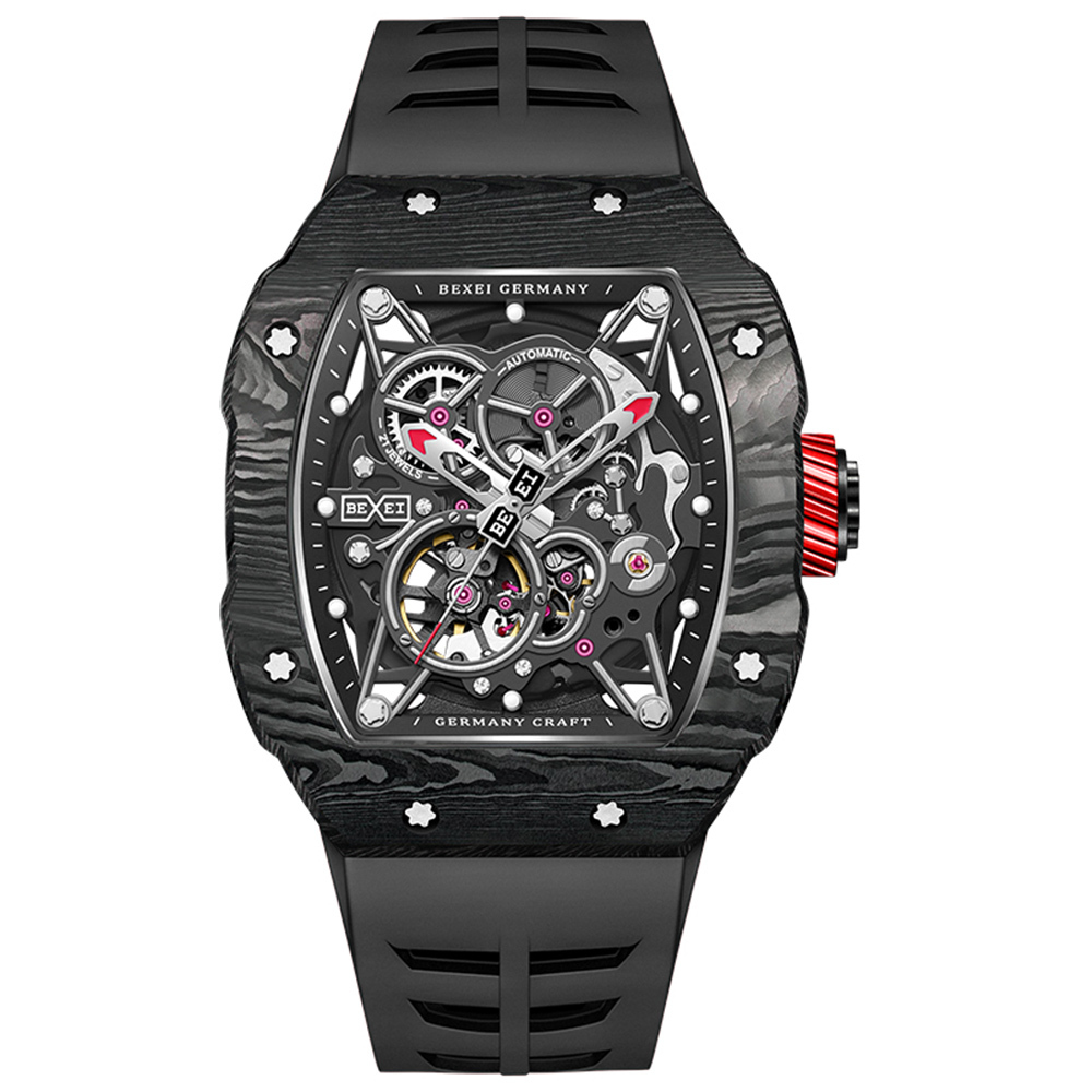 【BEXEI 貝克斯】 9068 碳纖維 五芒星 鏤空 高尚 潮流 自動機械 手錶 -