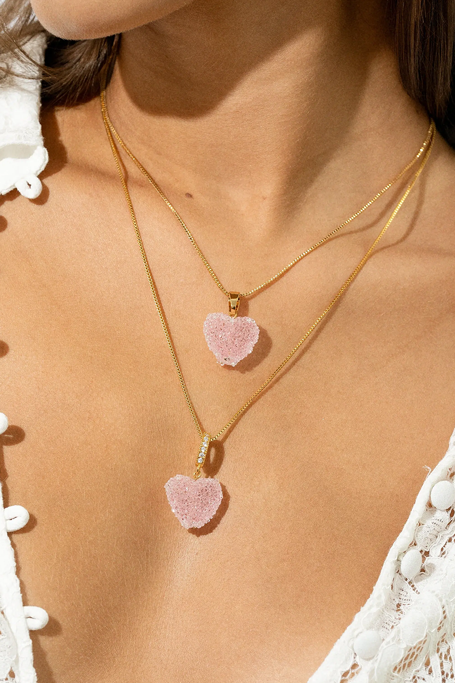 Crystal Haze｜JELLY HEART 金色鑲鑽粉紅果凍心形吊墜項鍊