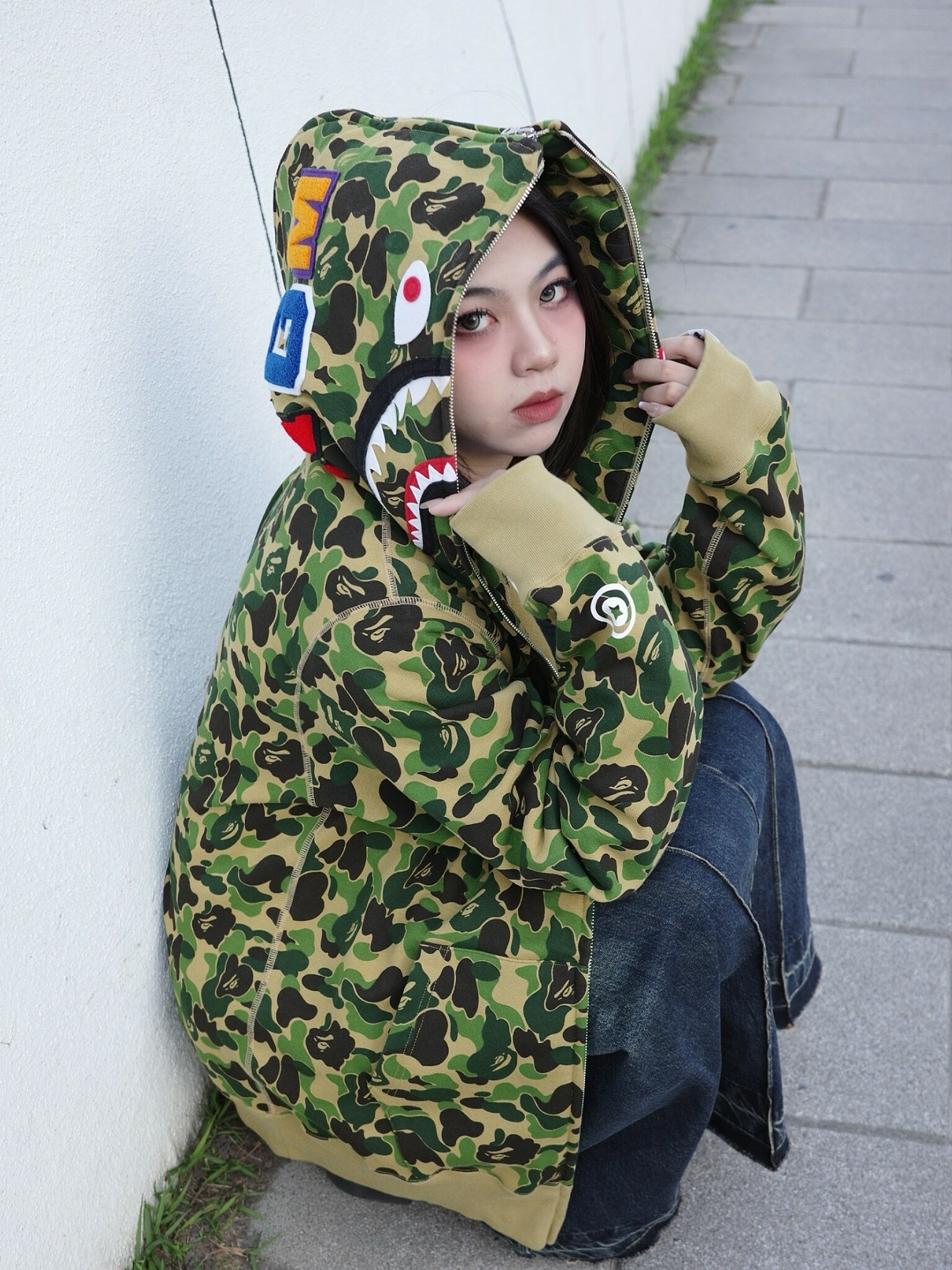 BAPE 綠迷彩鯊魚連帽外套