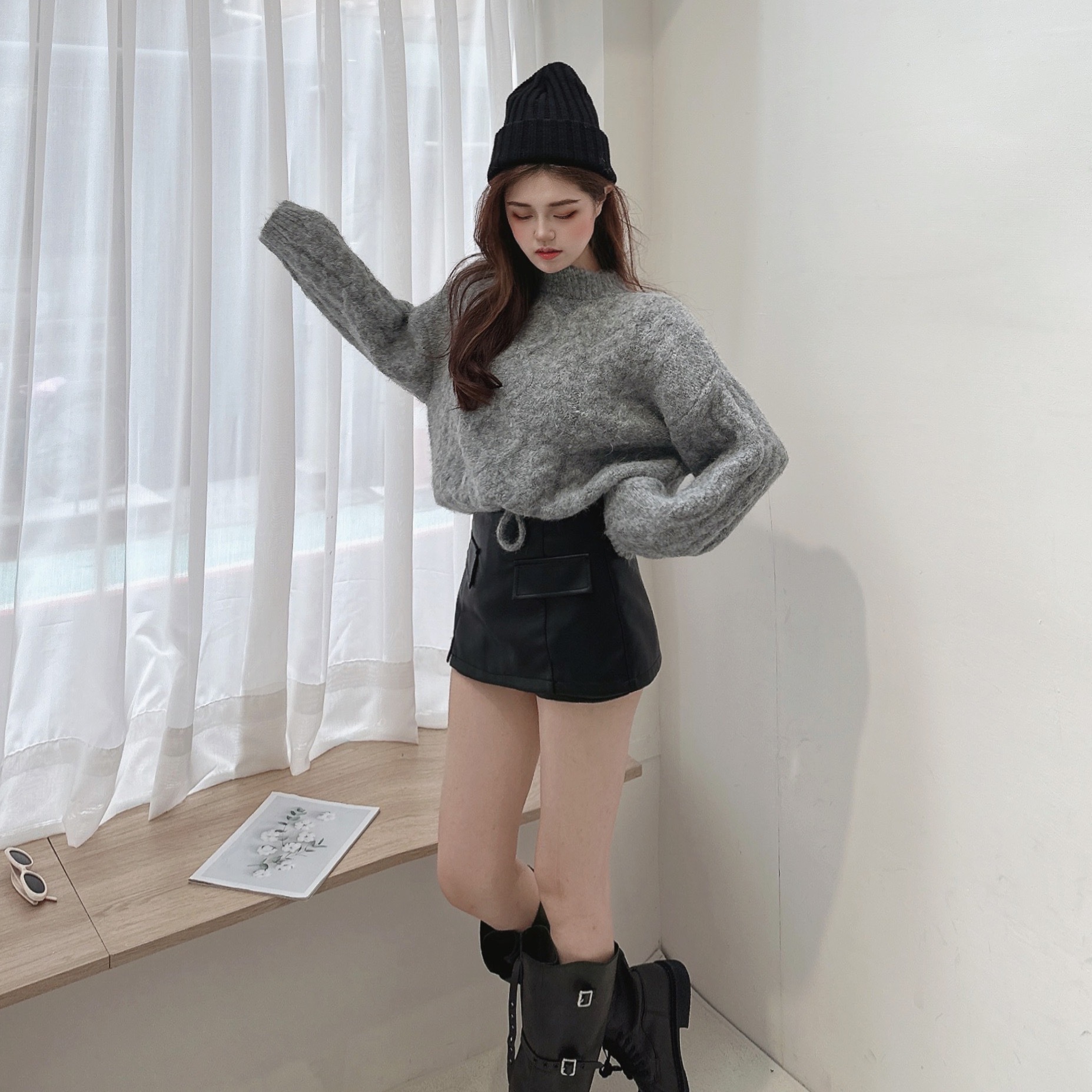 麻花下綁繩針織毛衣/三色