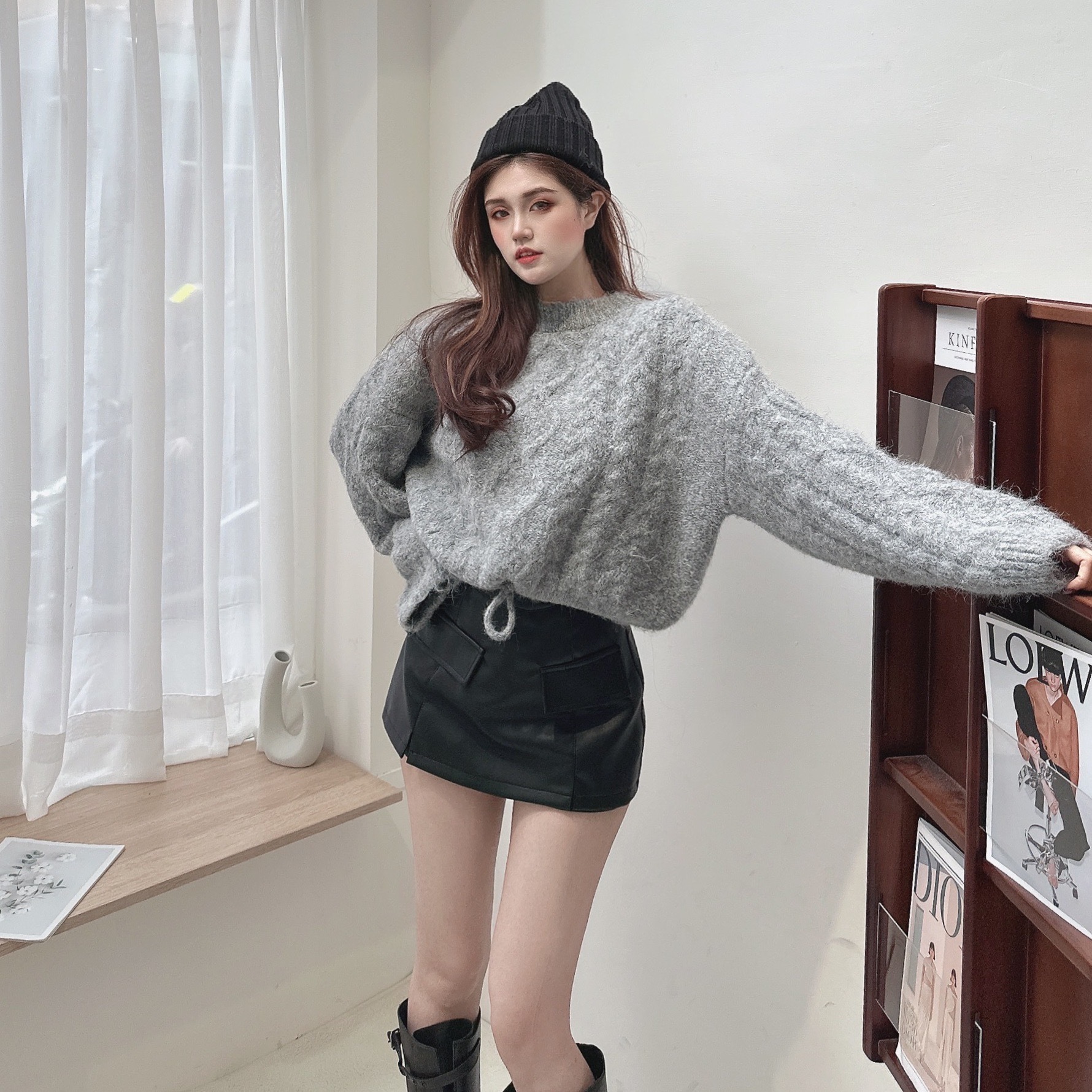 麻花下綁繩針織毛衣/三色