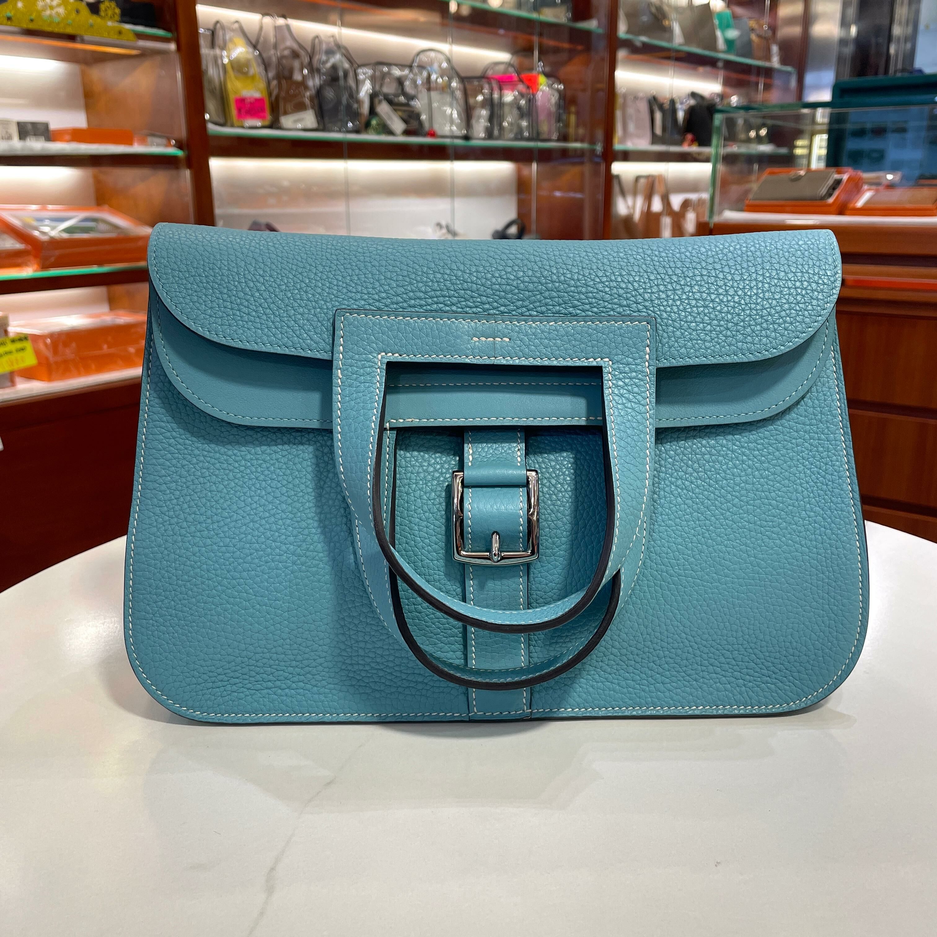 99%NEW二手HERMES HALZAN 31 馬卡龍蓝 銀扣 TC皮 3P/BLUE ATOLL PHW #香榭站正品