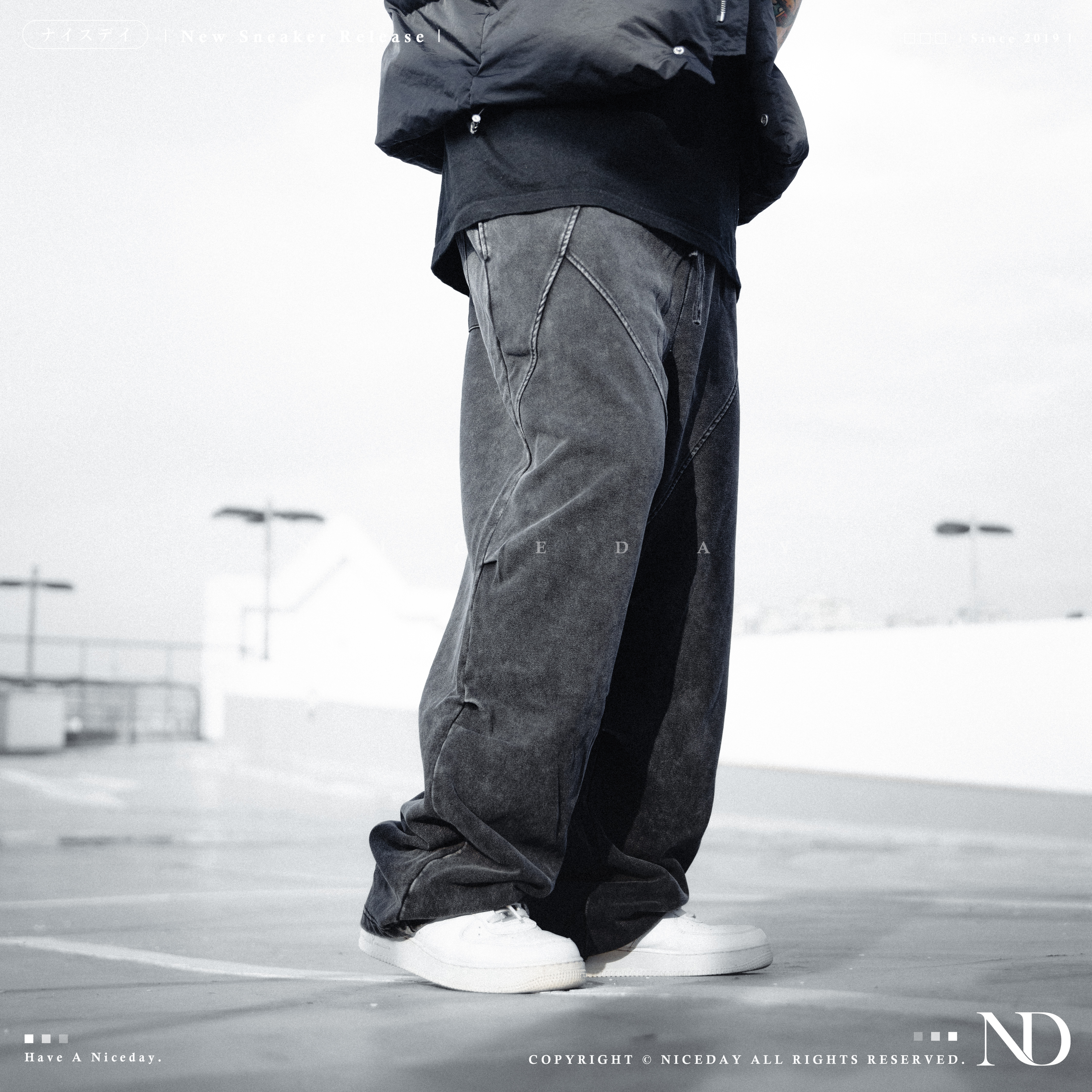 NICEDAY 部分現貨/預購 破骨拼接雙折棉褲 水洗直筒長褲 寬鬆 黑 灰 男款