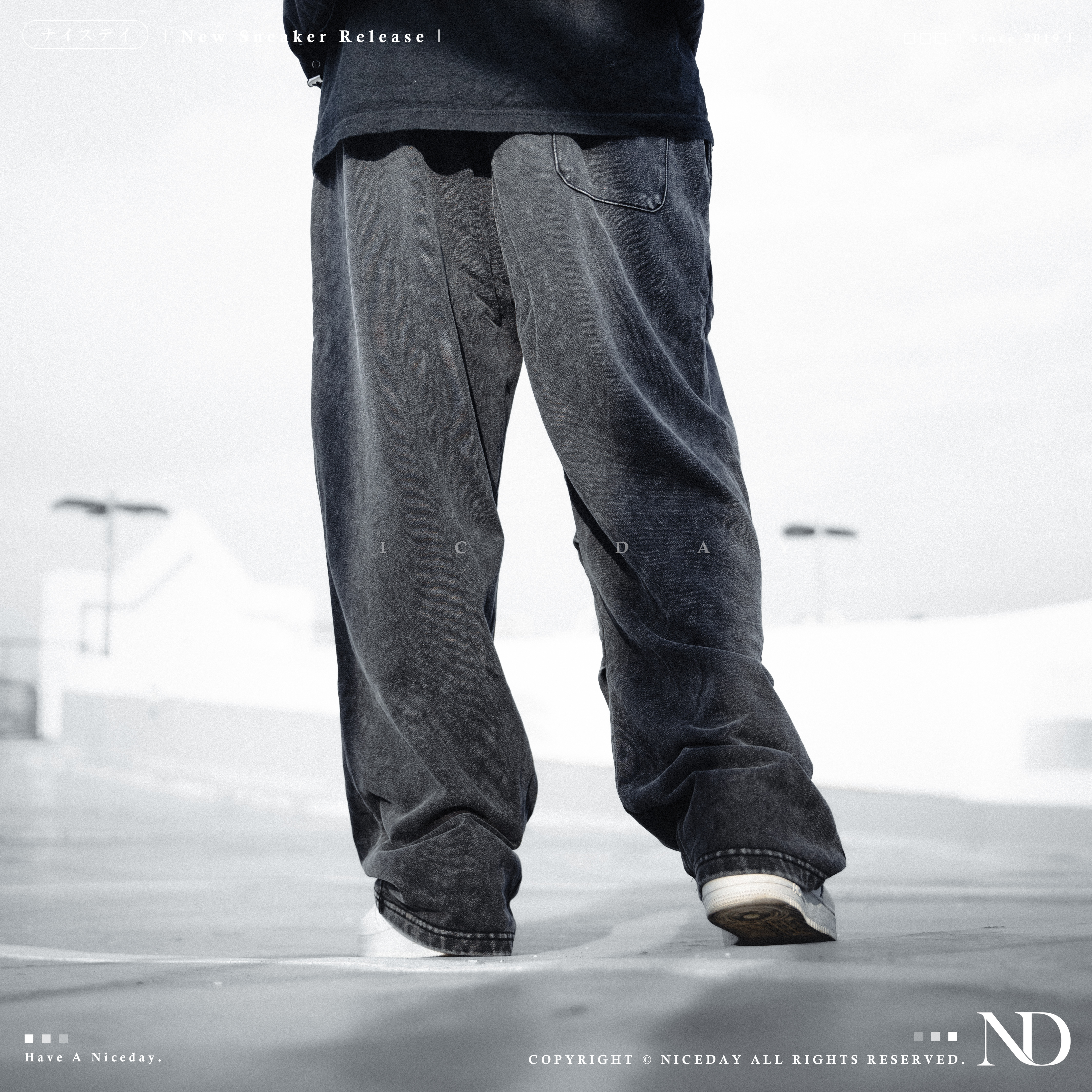 NICEDAY 部分現貨/預購 破骨拼接雙折棉褲 水洗直筒長褲 寬鬆 黑 灰 男款