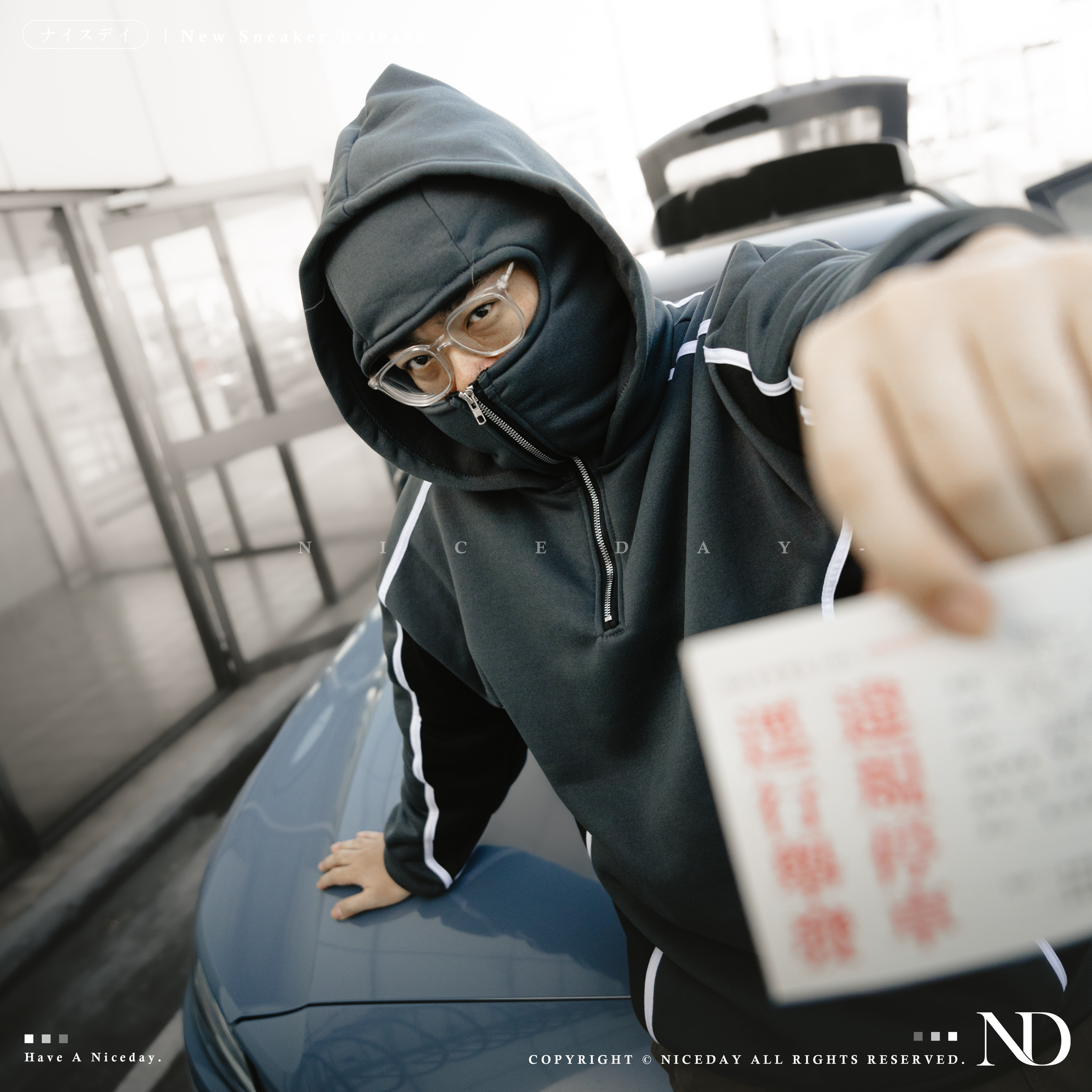 NICEDAY 現貨  連帽搶匪帽T 雙層連帽拼接長袖 灰黑