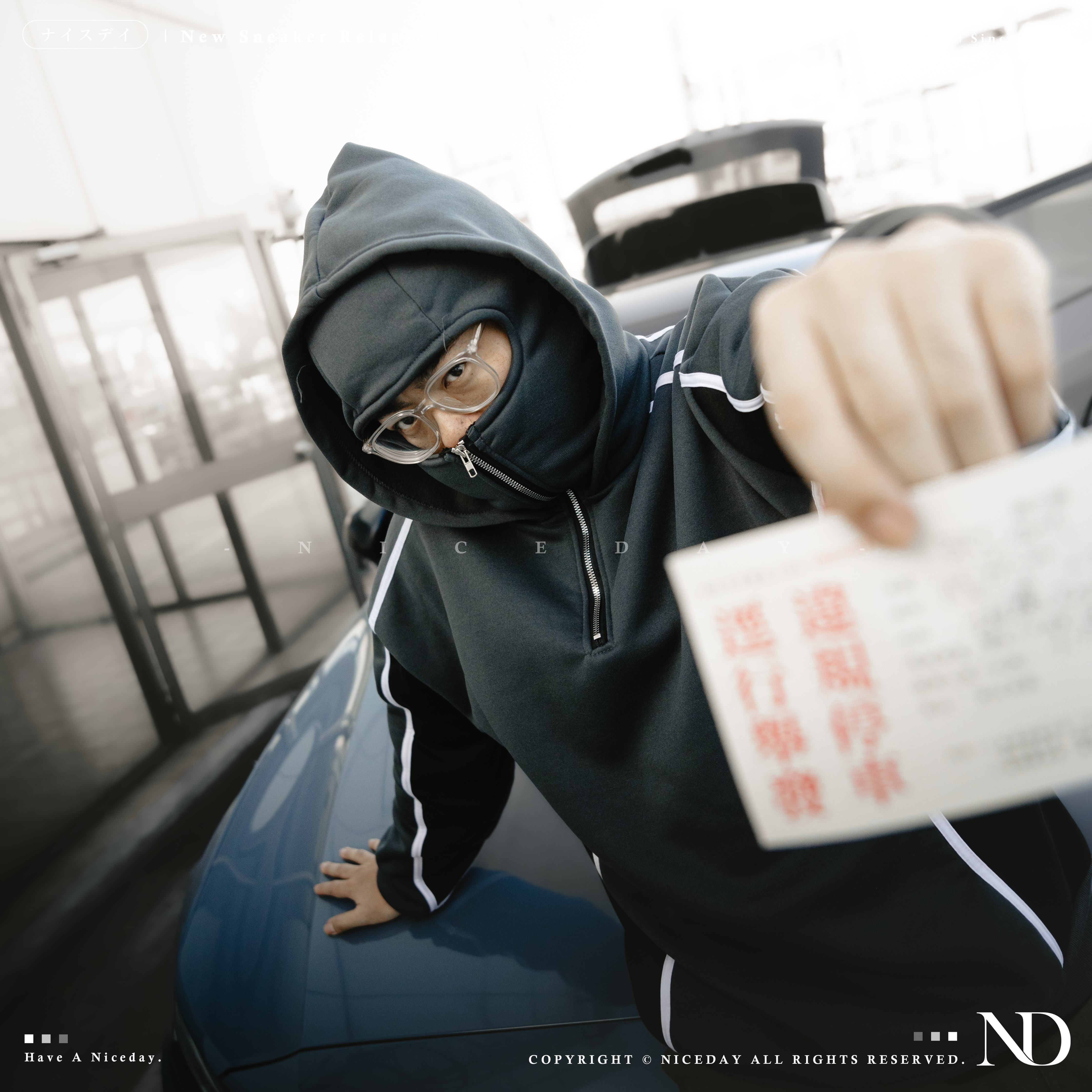 NICEDAY 現貨  連帽搶匪帽T 雙層連帽拼接長袖 灰黑