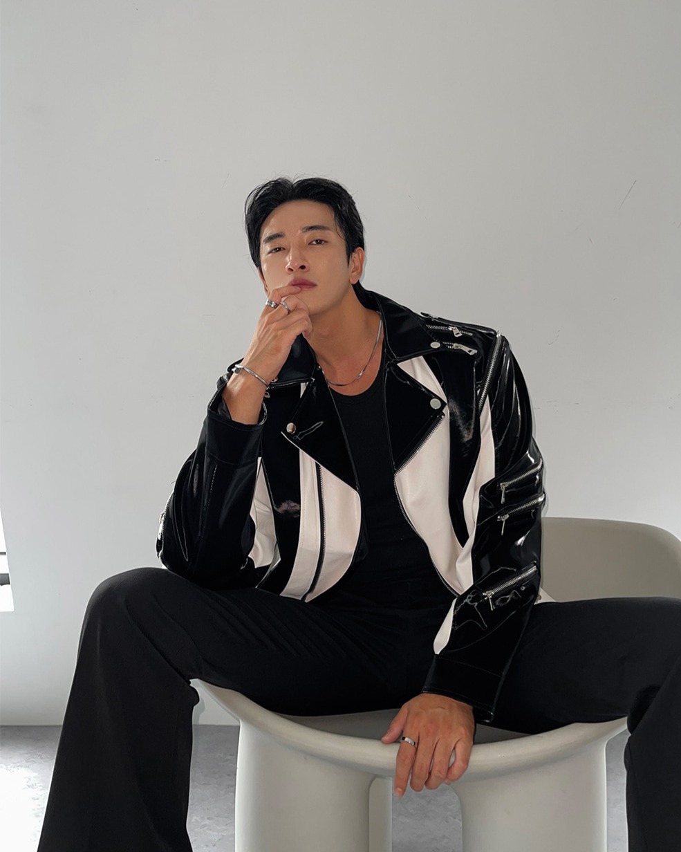 雙色組合騎手皮革夾克