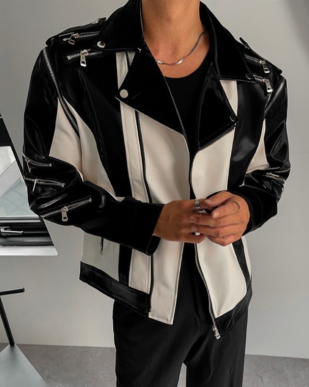 雙色組合騎手皮革夾克