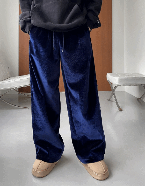 天鵝絨側邊線條寬鬆運動休閒褲