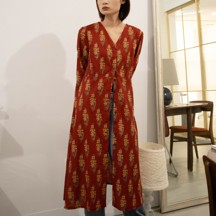印度蓋染工藝純棉 七分袖洋裝 - 金魚草