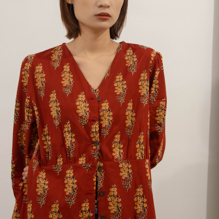 印度蓋染工藝純棉 七分袖洋裝 - 金魚草