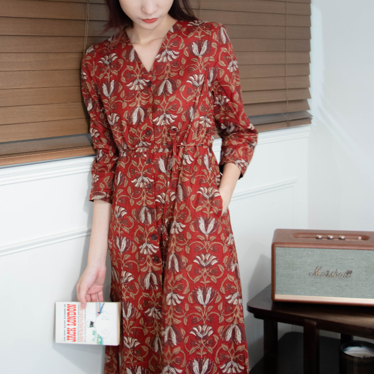印度蓋染工藝純棉 七分袖洋裝 - 山茶花