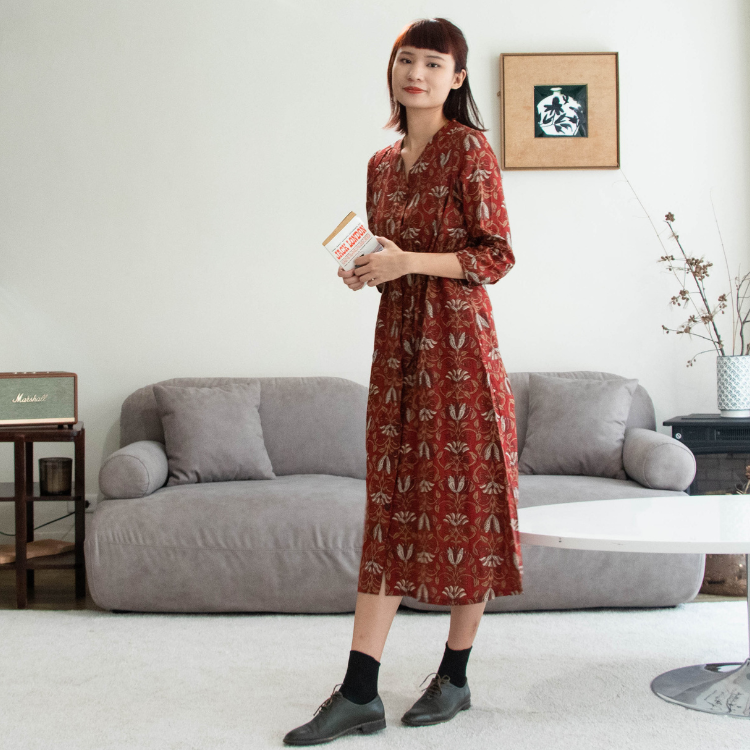印度蓋染工藝純棉 七分袖洋裝 - 山茶花