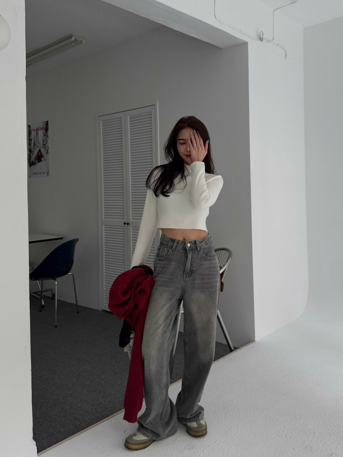 復古刷色落地牛仔寬褲