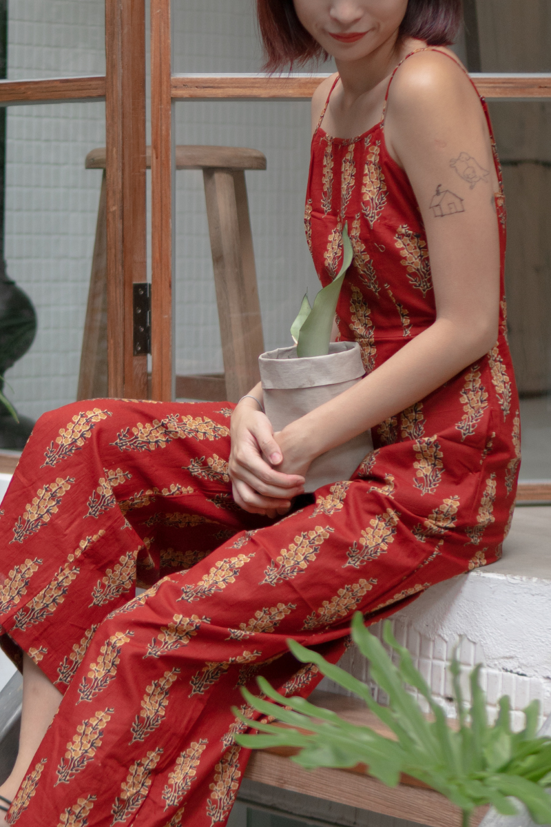 印度蓋染工藝純棉 吊帶褲 - 金魚草