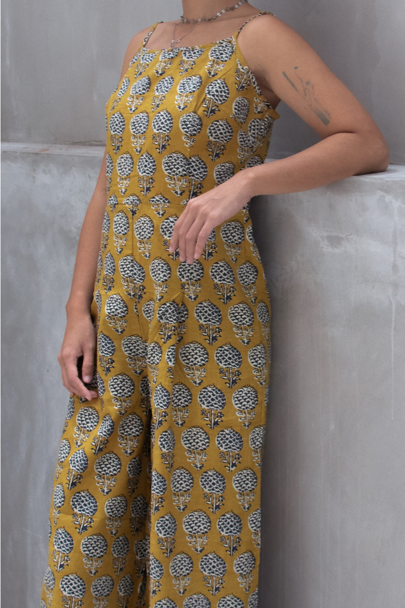 印度蓋染工藝純棉 吊帶褲 - 蒲公英