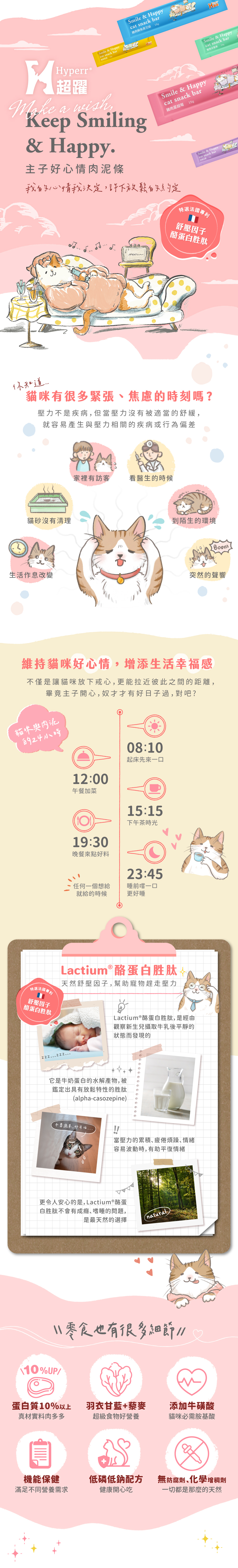 Hyperr超躍好心情肉泥條,維持貓咪好心情,增添生活幸福感。添加法國專利酪蛋白胜肽,天然舒壓因子,幫助平復情緒。蛋白質10%以上,低磷低鈉配方健康開心吃,機能保健滿足不同營養需求。