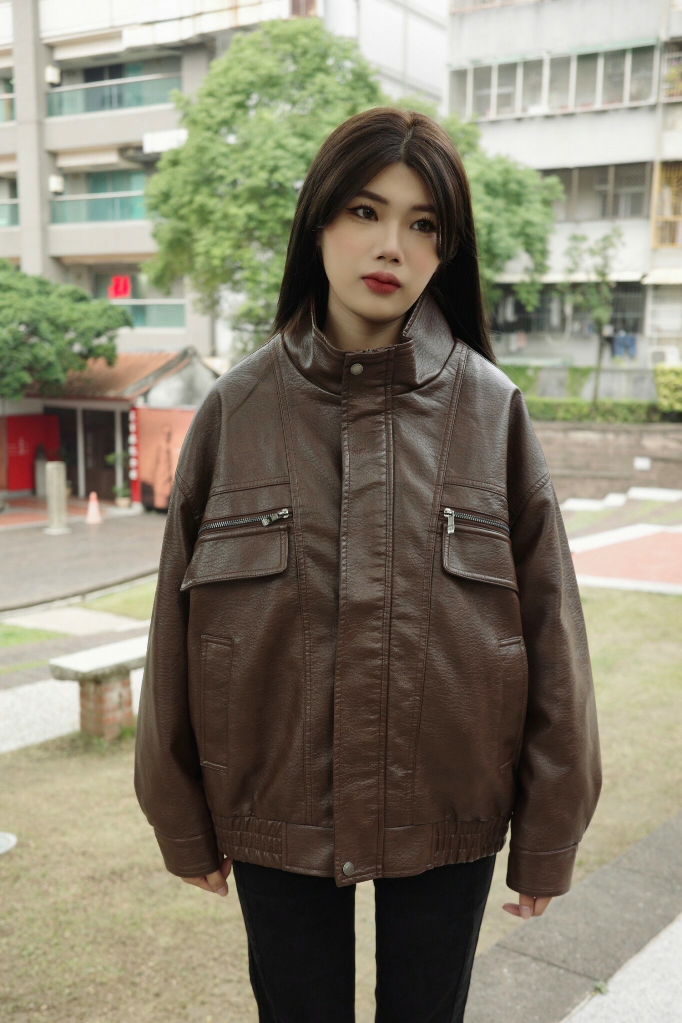 K1591 加絨立領皮外套 黑/咖啡 K3