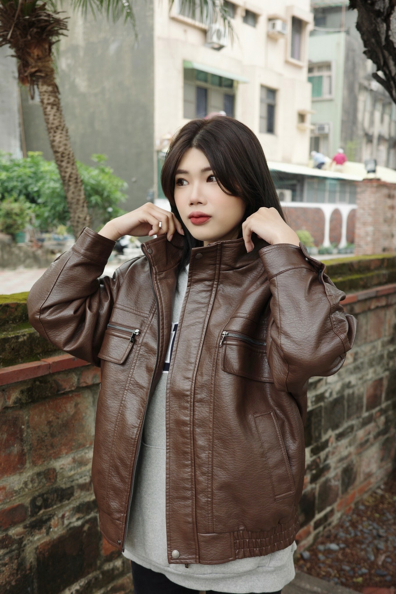 K1591 加絨立領皮外套 黑/咖啡 K3