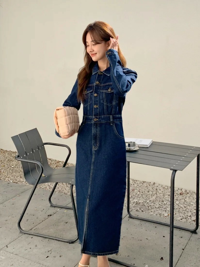 優雅氣息翻領排釦收腰牛仔長洋裝S-L (Elegant & Love)