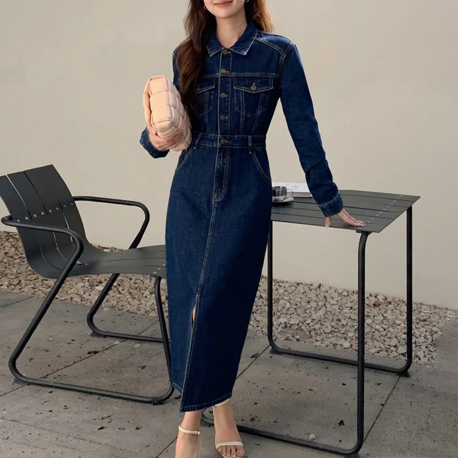 優雅氣息翻領排釦收腰牛仔長洋裝S-L (Elegant & Love)