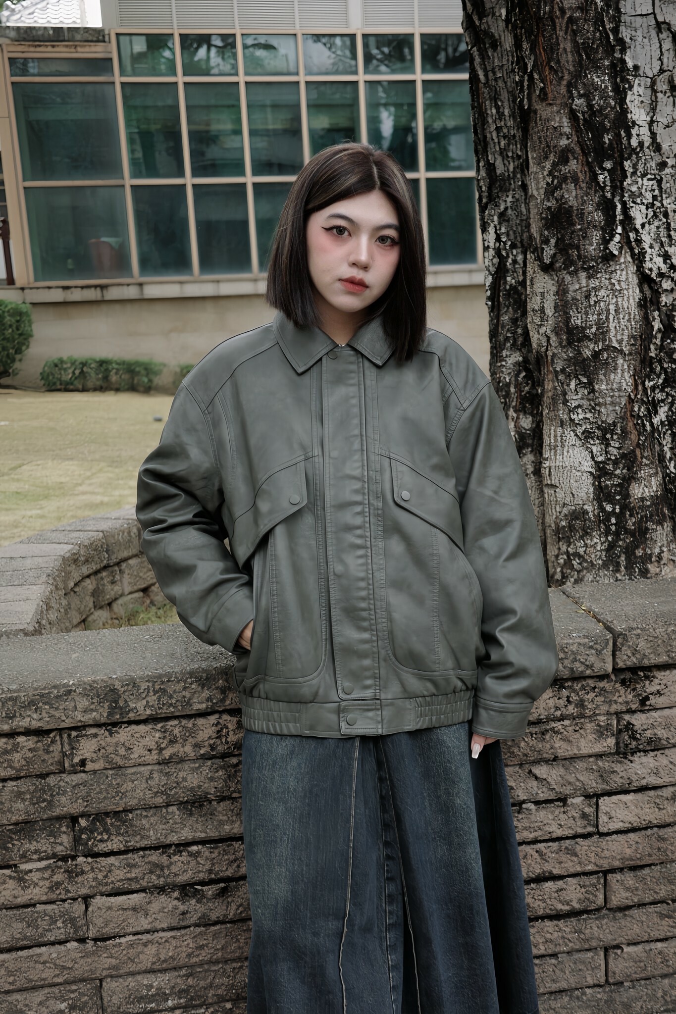 K916 加絨口袋皮外套 黑/灰綠 K3