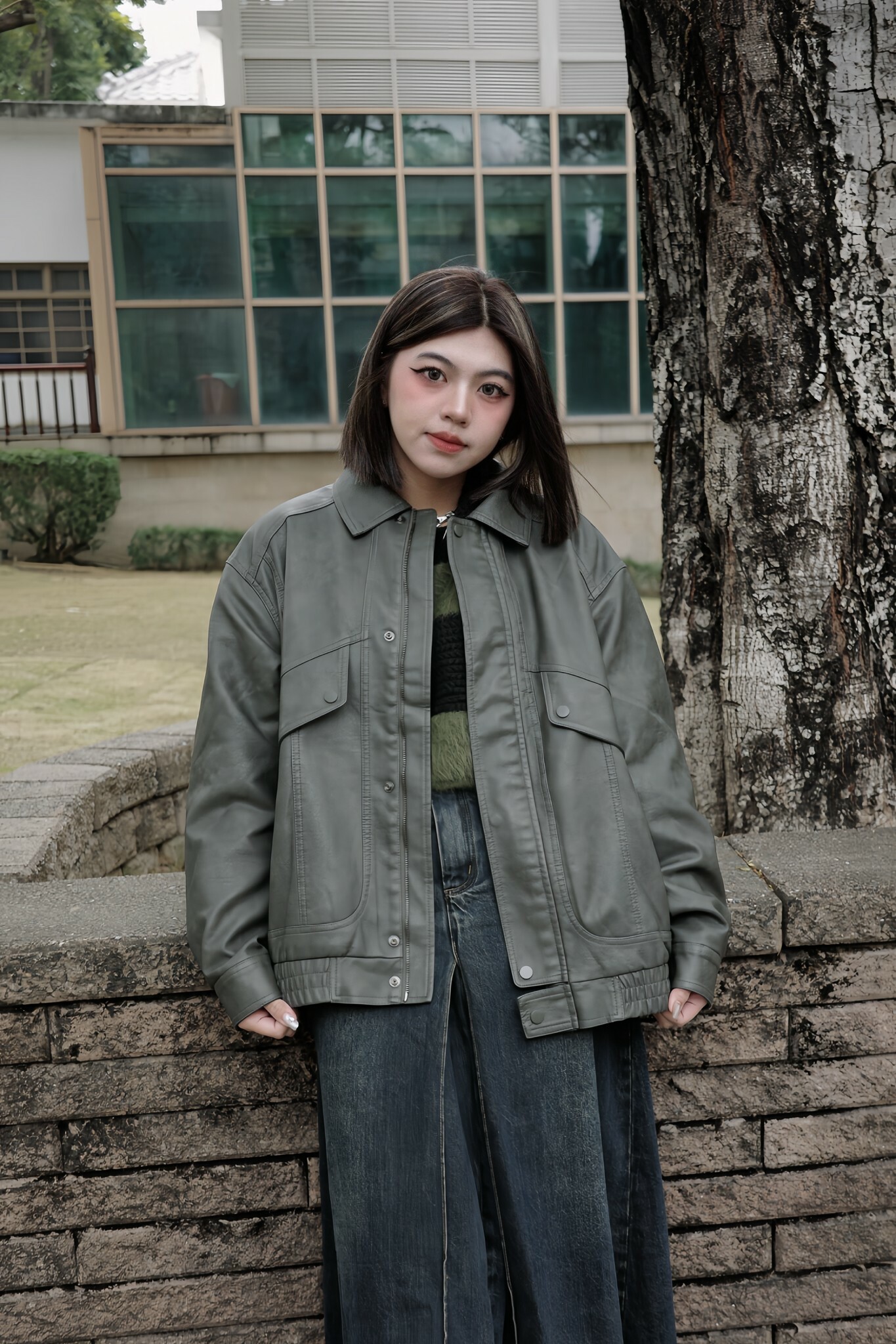 K916 加絨口袋皮外套 黑/灰綠 K3