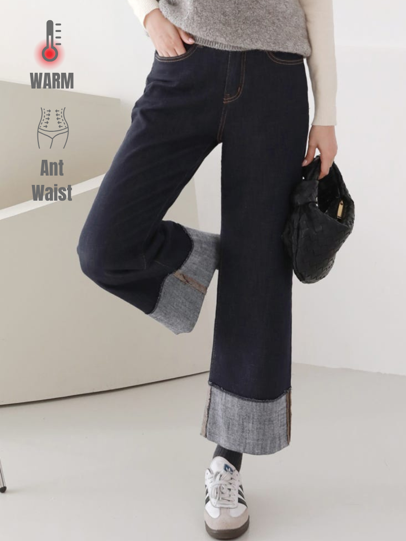 休閒捲邊刷毛丹寧褲 [ 深藍 / S]